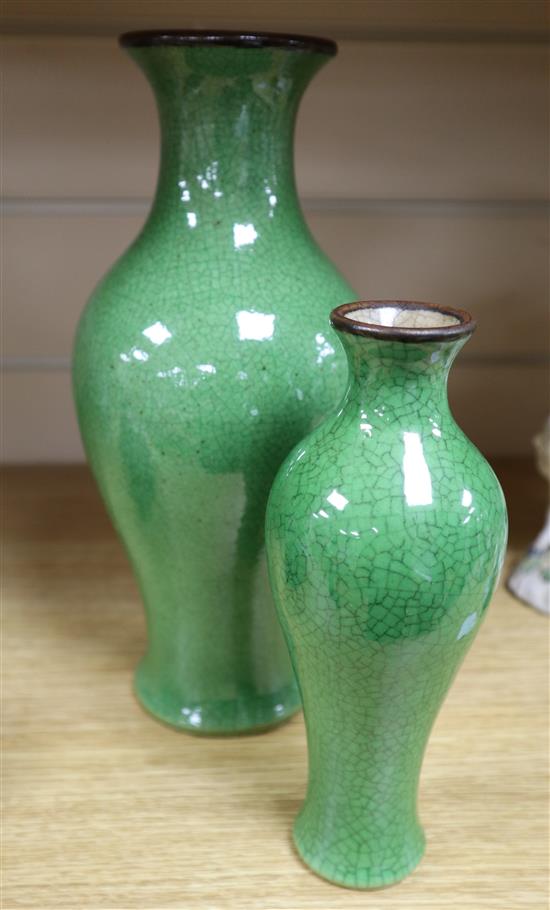 Two Chinese green crackle glazed baluster vases, tallest 28cm